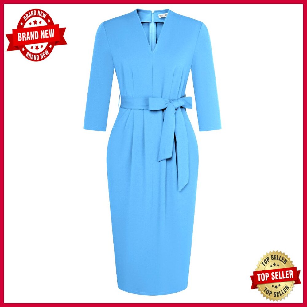 V Neck 3/4 Sleeve Work Dress Bodycon Tie Waist Back Zipper Pockets Office